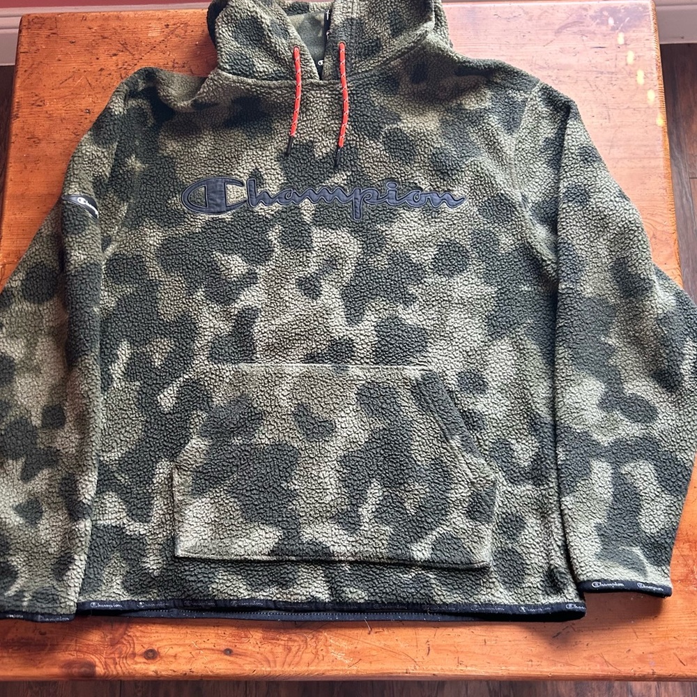 Champion Green Camo Hoodie with Red Accents